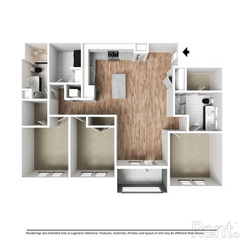 Floor plan for 3 beds, 2 baths, 1368 sqft